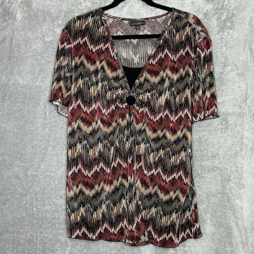 Brittany‎ Black 2X Top Shirt Brown Red Striped Scoop Neck Short Sleeve Textured
